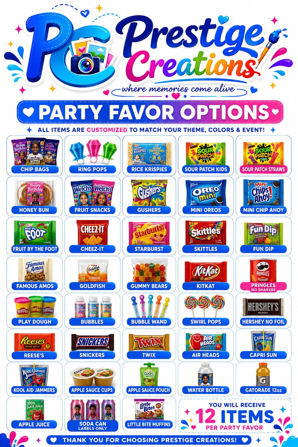 Custom Party Favors - $50 Per Dozen