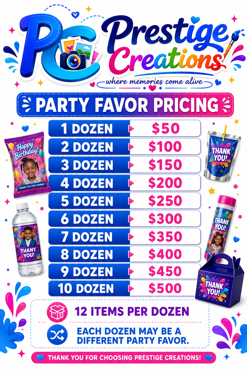 Custom Party Favors - $50 Per Dozen