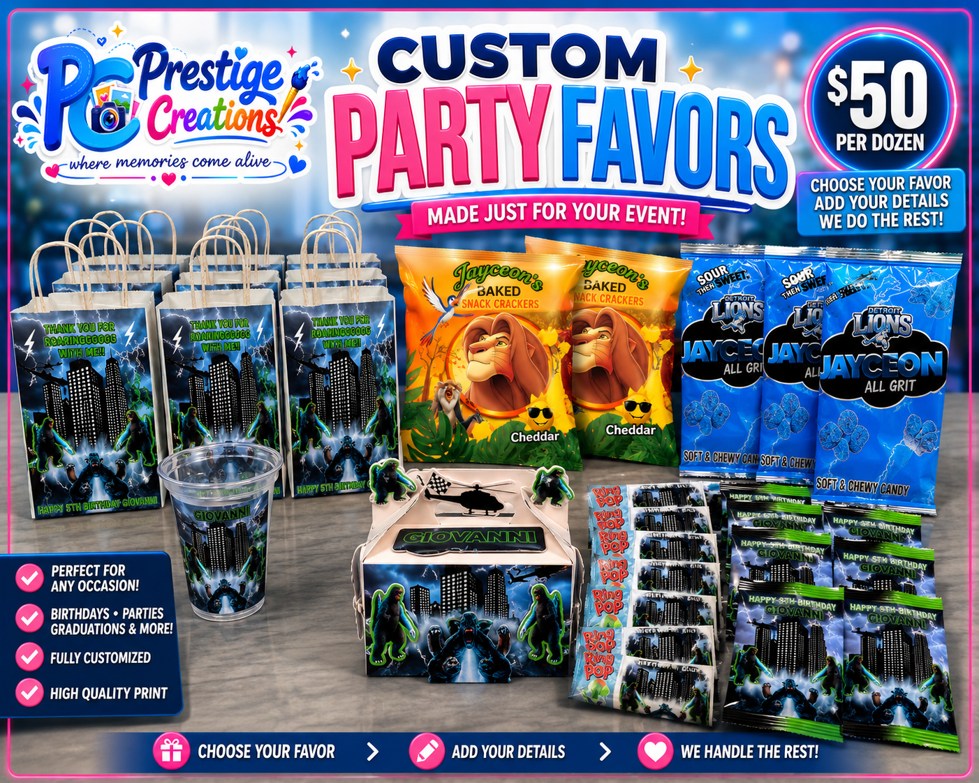 Custom Party Favors - $50 Per Dozen